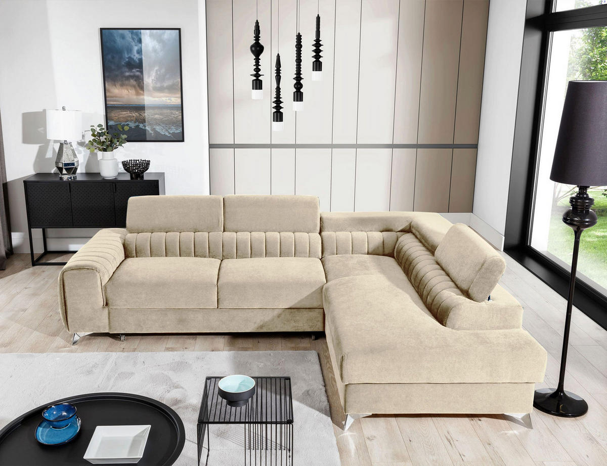 ECKSOFA Laurence mit Schlaffunktion & Bettkasten – 278 x 205 cm, verstellbare Kopfstützen - Beige, Kunststoff (278/205cm) - Wohnideebilder