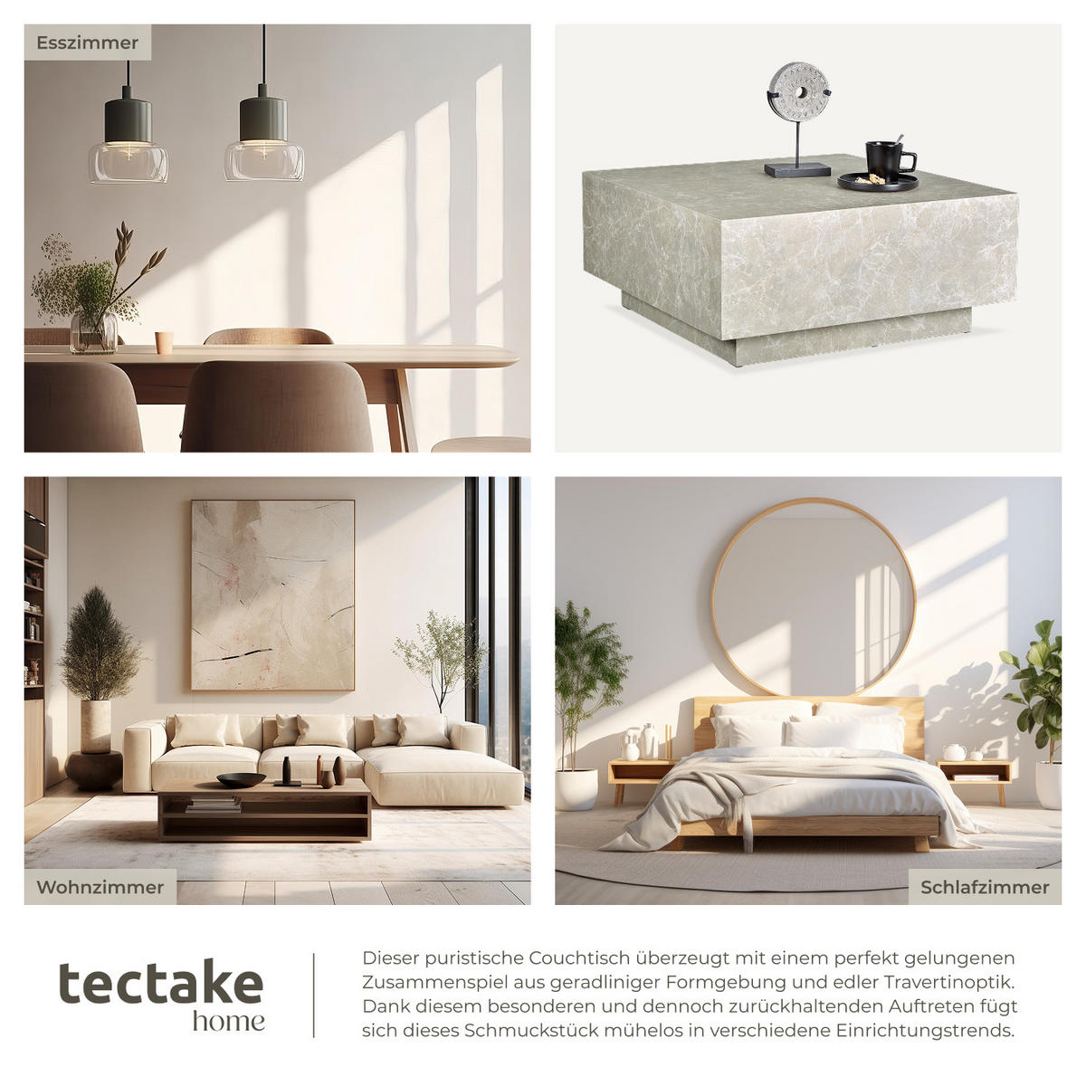 COUCHTISCH Lasley,inkl. Bodenschoner, Belastbarkeit 45 kg,Travertin Optik - Beige, Holz (80/80/35cm) - tectake