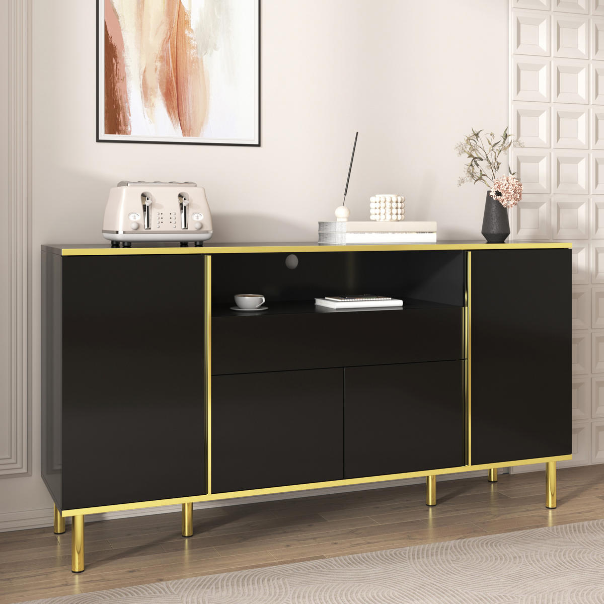 SIDEBOARD DE-38909 150/40/80 cm 4 Türen und 1 Schublade Schwarz - Schwarz, Holzwerkstoff (150/80/40cm) - ComfortXL