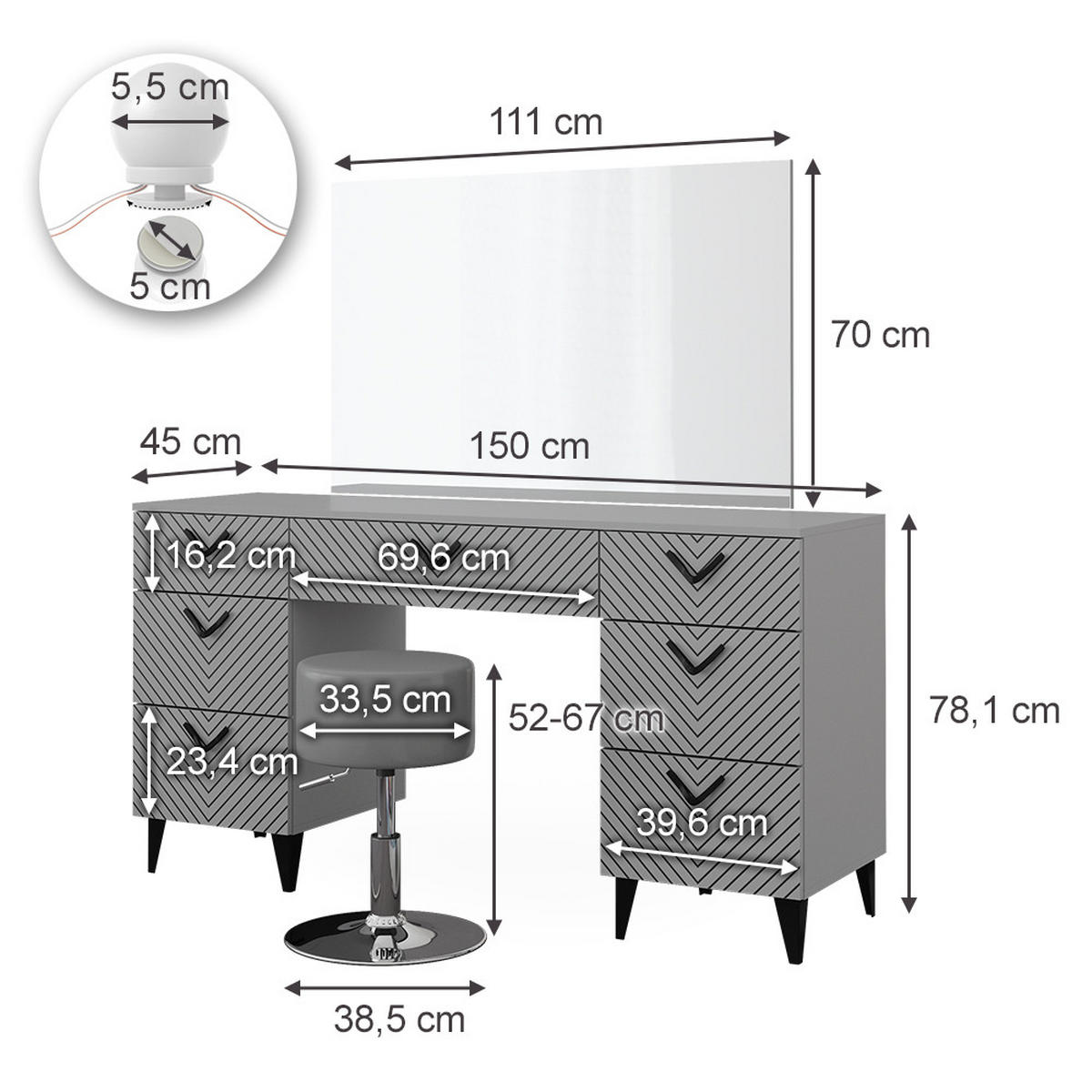 SCHMINKTISCH Anett Grau 150 cm mit LED Beleuchtung und Hocker - Grau, Holzwerkstoff (150/78.1/45cm) - Vicco