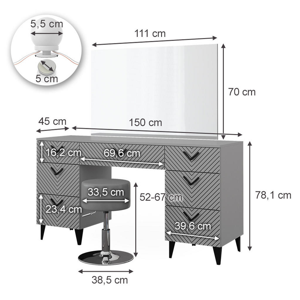 Thumbnail - Vicco Schminktisch, Grau, Holzwerkstoff, 7 Fächer, 7 Schubladen, Rechteckig,Rechteckig, 150x78.1x45 cm, Schlafzimmer, Sc...