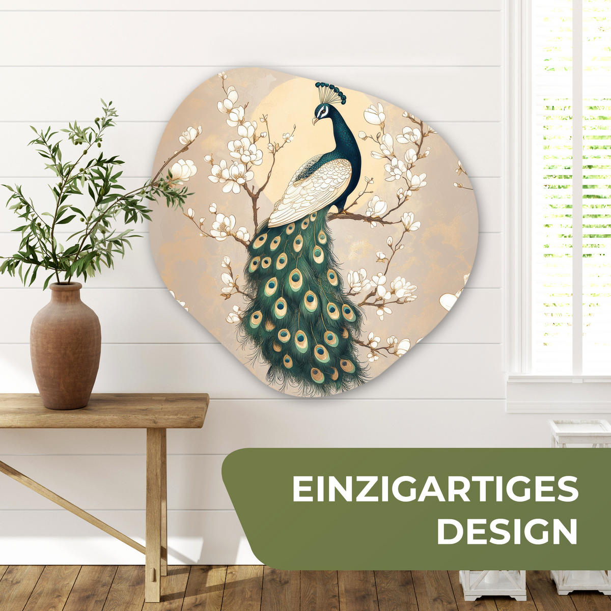 WANDBILD Pfau - Zweig - Blumen 90x90 cm - Champagner, Kunststoff (90/90cm) - MuchoWow