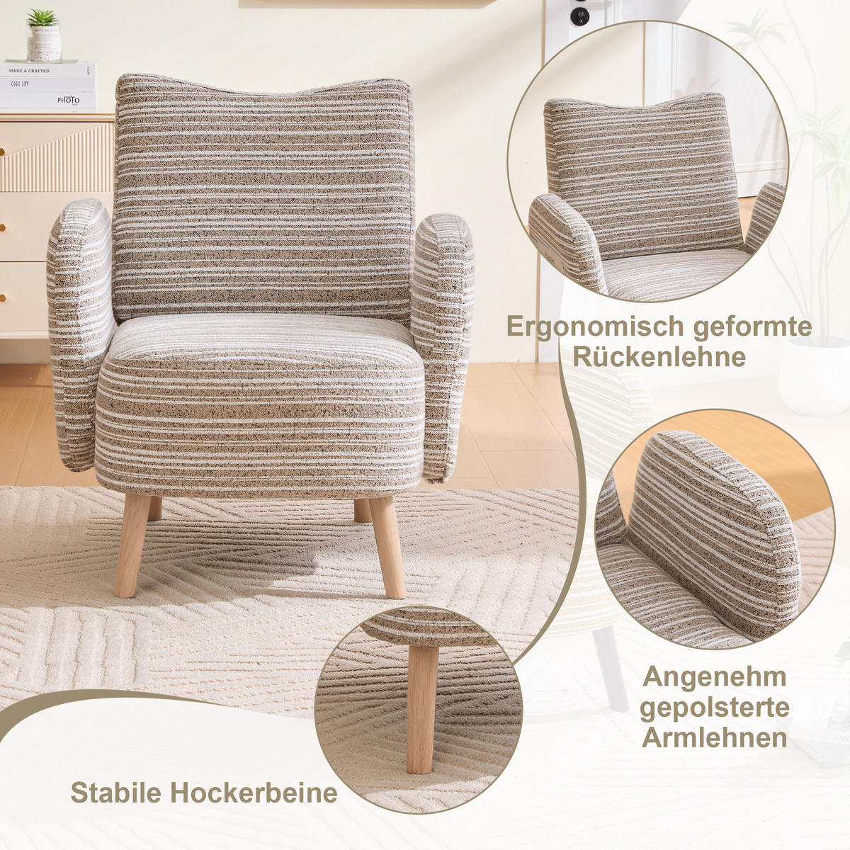 POLSTERSESSEL mit Kreismuster 77x81x87 cm Holzbeine - Beige, Textil/Metall (77/87/81cm) - PARAFTA HOME