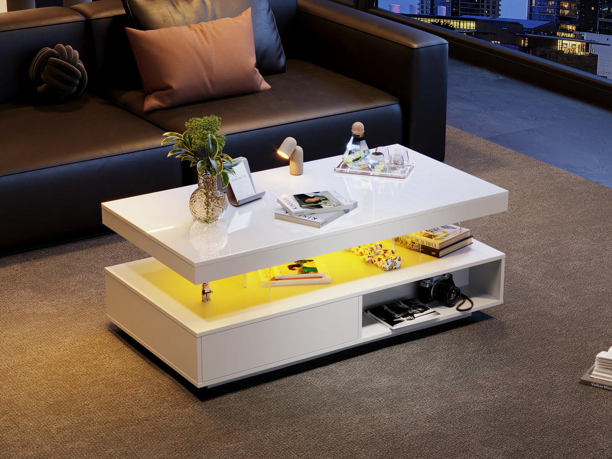 COUCHTISCH, Weiß Hochglanz mit 4 Glaseinsätzen, 2 Schubladen und 2 offenen Fächern, 95/50/42,5 cm,Weiß - Weiß, Holzwerkstoff (95/50/42.5cm) - Redom