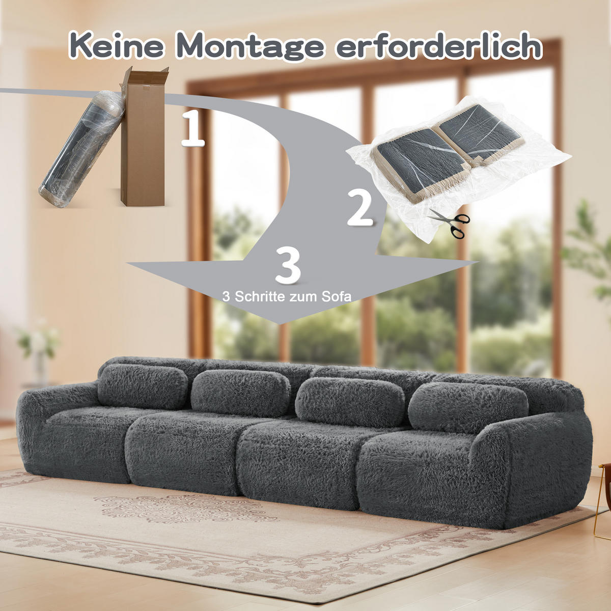 4-SITZER mit 4 Sitzen, Kissen und 32D-Schaumstoff in Grau - Grau, Textil (378/73/104cm) - EVRYAE