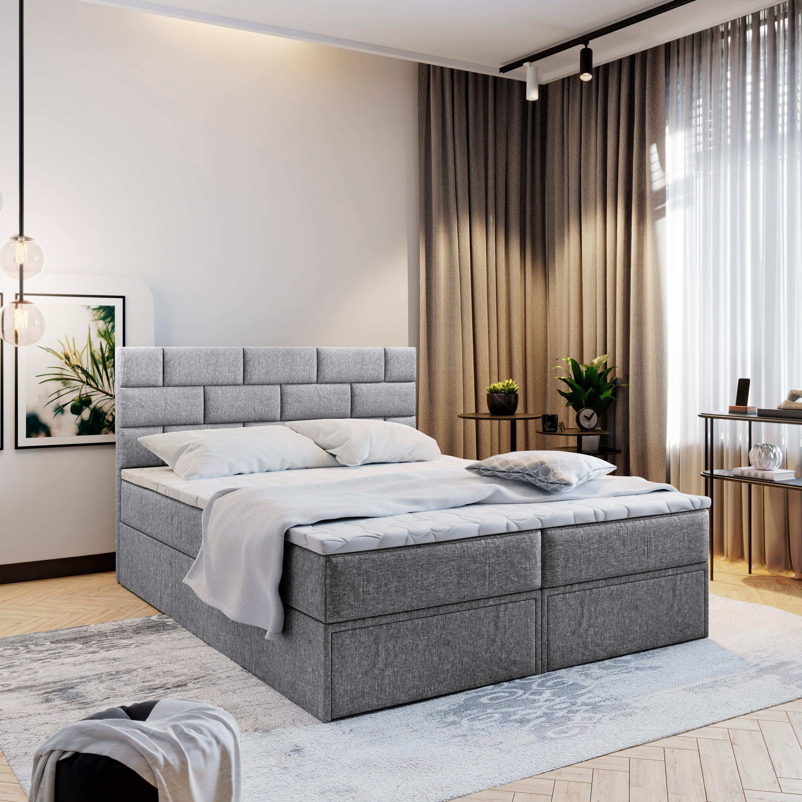 BOXBETT ARINOS 140x200 cm mit Matratze und Topper - Hellgrau - Hellgrau, Holz (140/200cm) - MASSENO