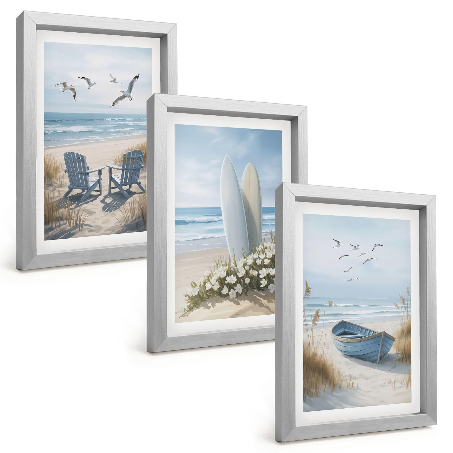 BILDER SET 3er Set - 20x30 cm Silberner Rahmen - Strand Surfbretter Vögel - Silberfarben, Kunststoff (20/30cm) - TULUP
