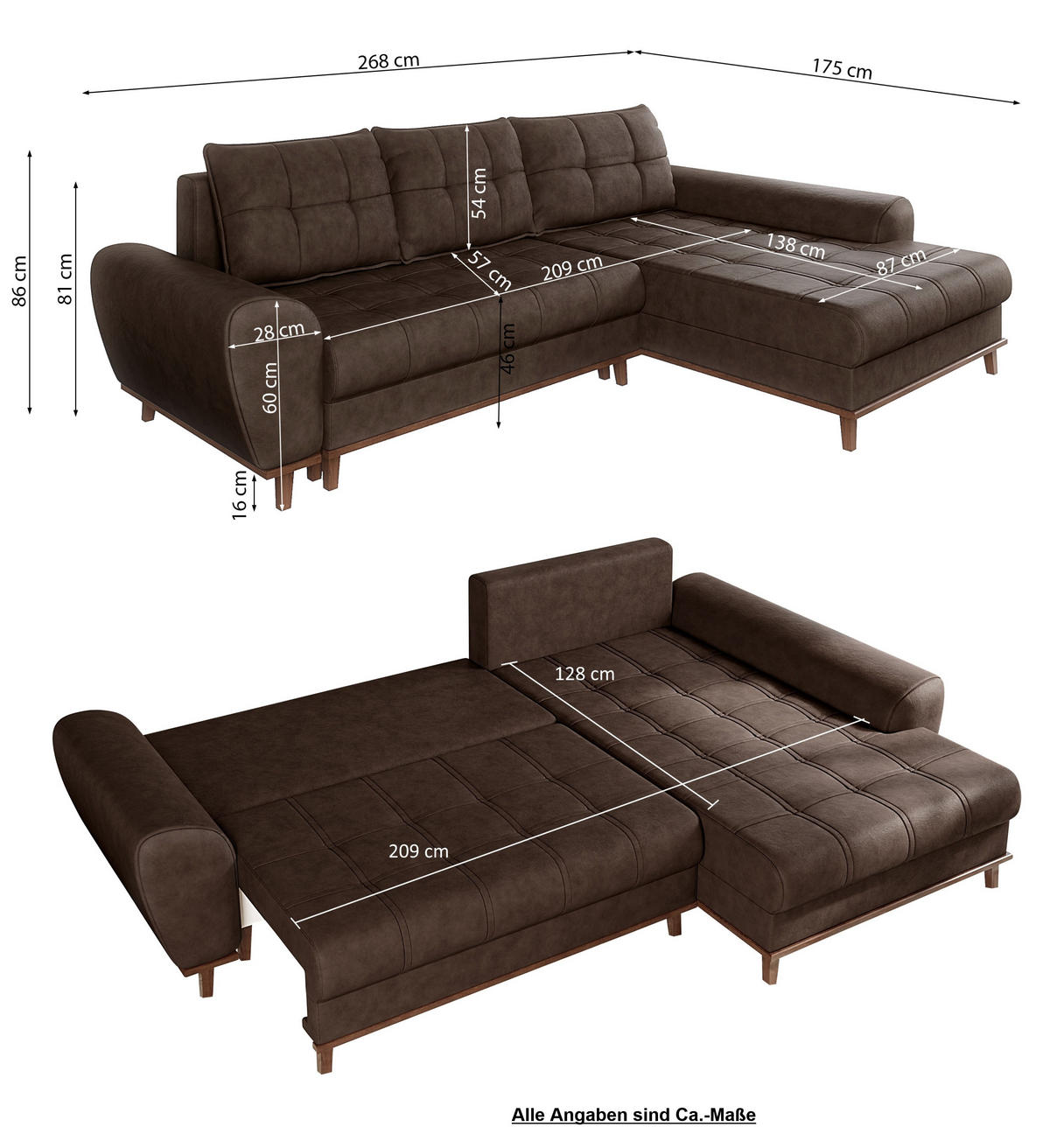 ECKSOFA im Scandi-Stil, Schlaffunktion, Bettkasten B268/T175/H86 cm, Ottomane rechts, Liegefl. 128x209 cm, Mikrofaserstoff in Vintage Braun / 21017 - Eichefarben/Braun, Holz/Textil (268/175cm) - luma-home
