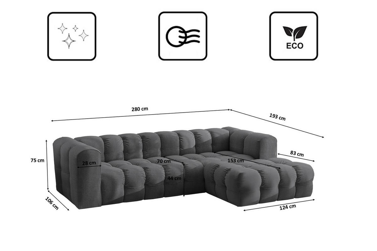 ECKSOFA L-form BALOO L, Chenille-Stoff Moly, Graphit, Rechts - Graphitfarben, Holz (280/193cm) - Kaiser Möbel