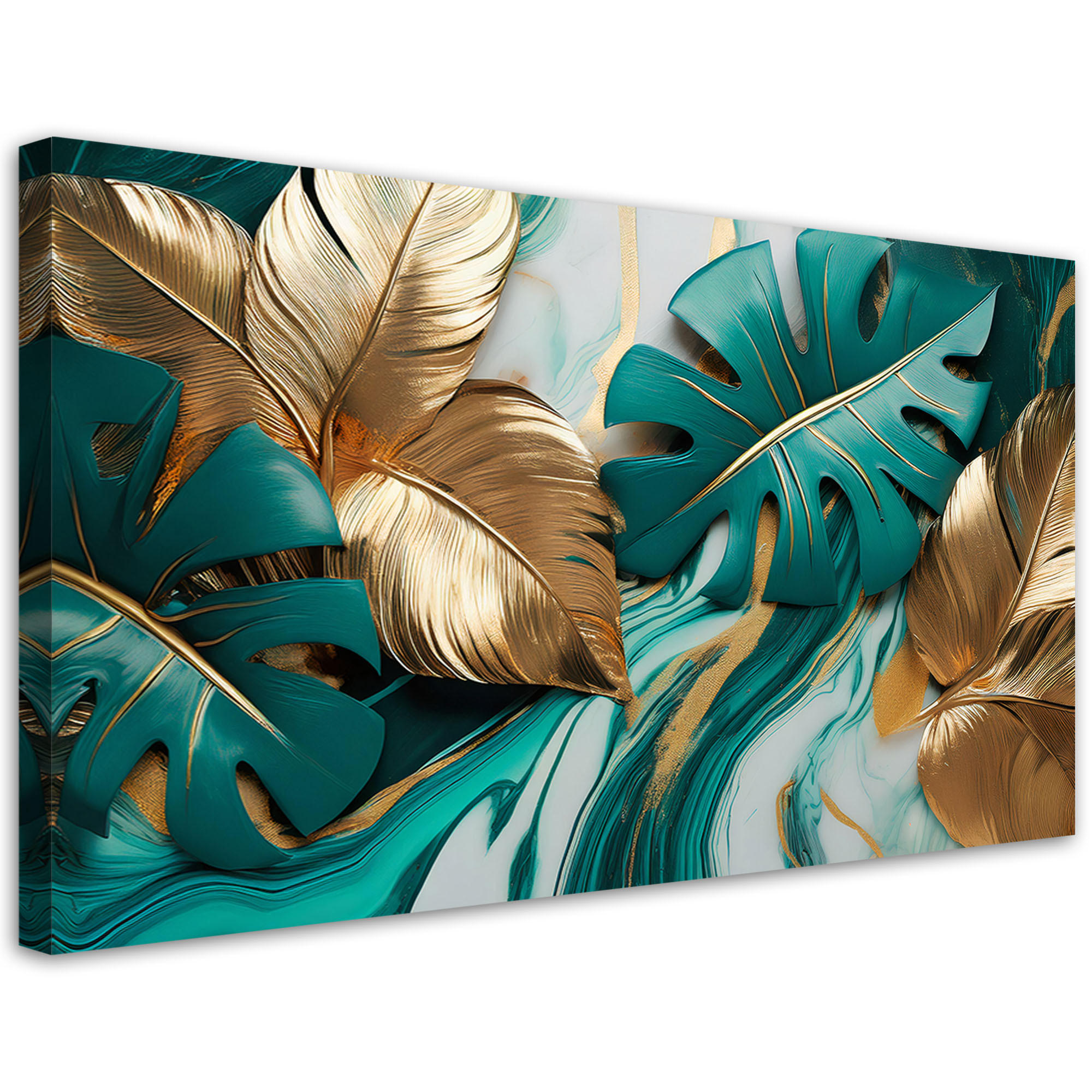 LEINWANDBILD Monstera Leaves Gold Türkis Marmor 80x40cm - Grün, Textil (80/40cm) - Feeby