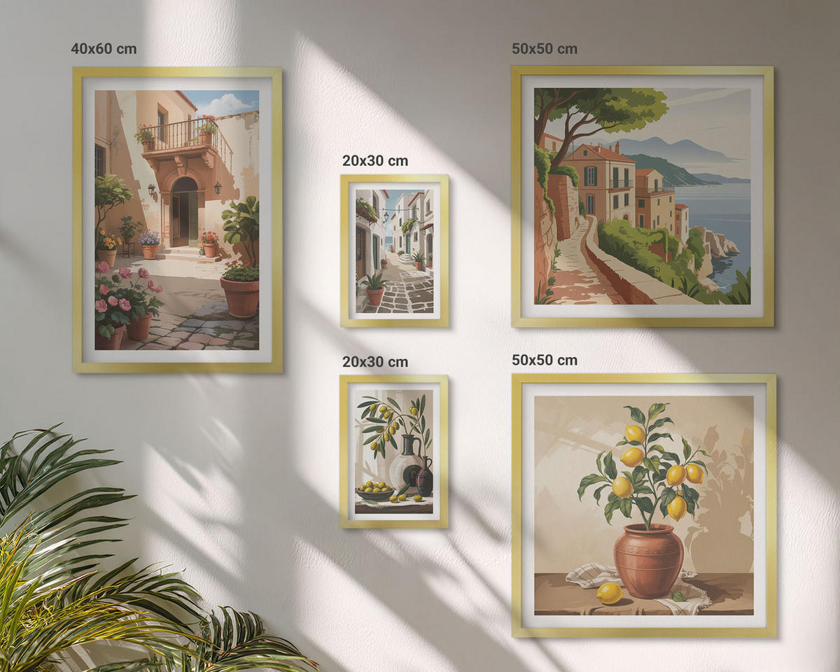 BILDER SET 5er Set - 50x50 cm & 20x30 cm & 40x60 cm Goldrahmen - Zitronenblumen im Topf, Straßen - Goldfarben, Kunststoff (40/60cm) - TULUP