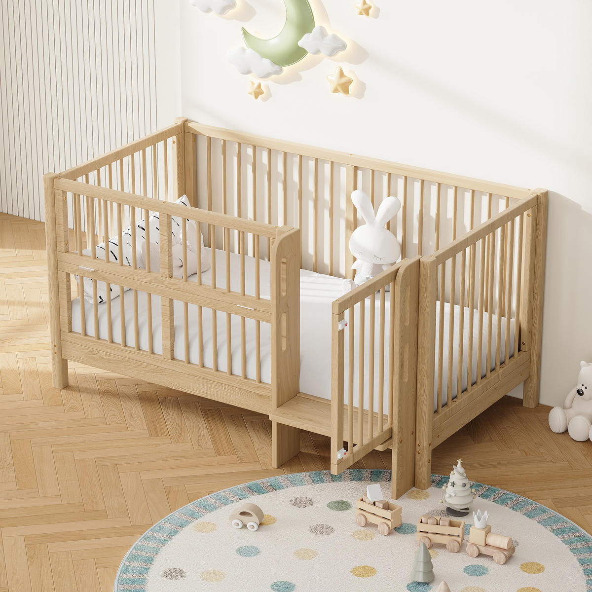 KINDERBETT 140/70 cm in Natur mit Umbausatz, Sicherheitsgeländer und Trittstufe - Naturfarben, Holz/Holzwerkstoff (70/140cm) - WISHDOR