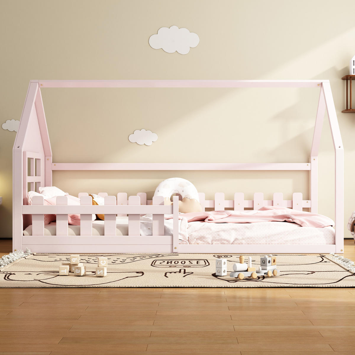 KINDERBETT 90/200 cm in Rosa, Hausform aus Kiefer und MDF - Rosa, Holz (90/200cm) - Flora Grace