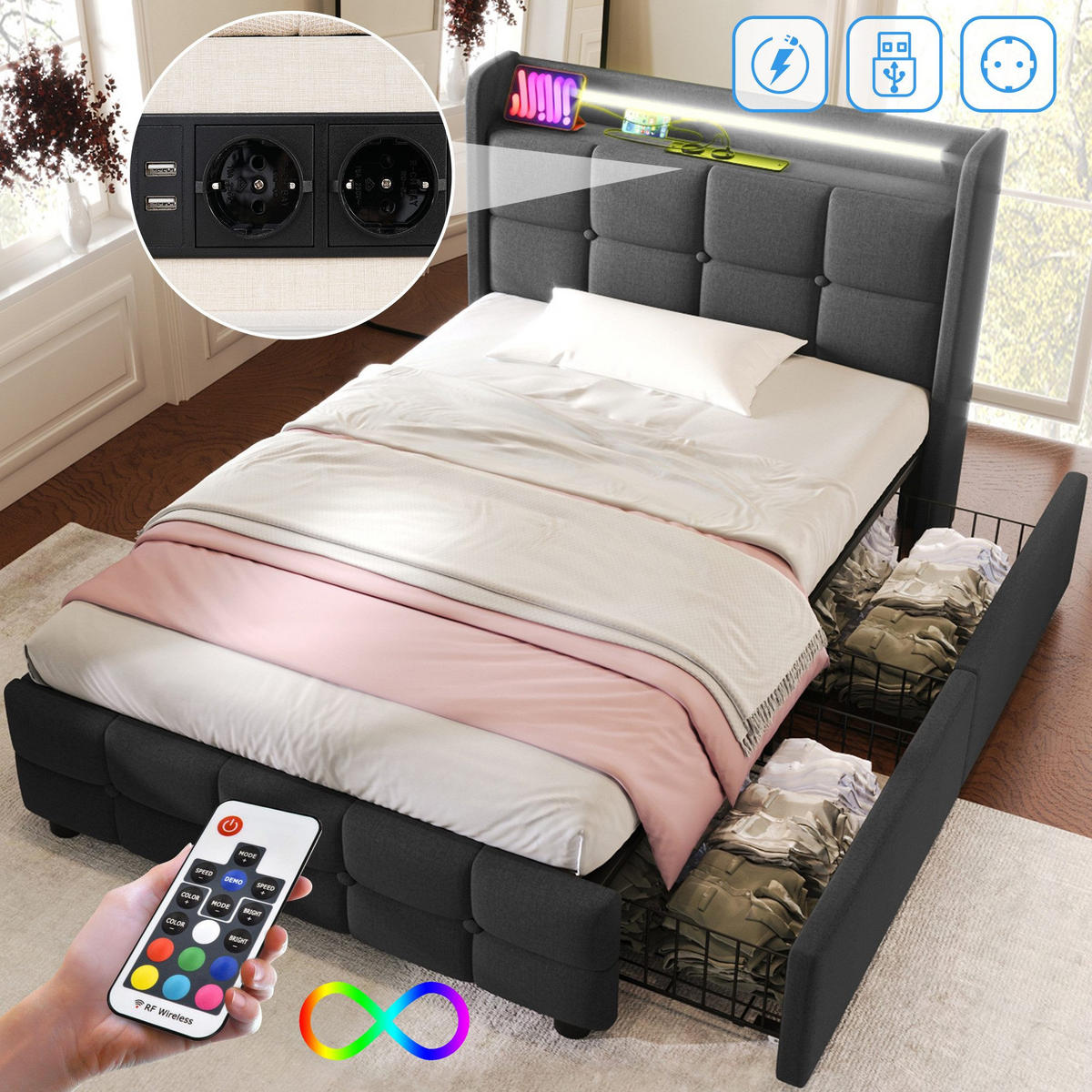 POLSTERBETT mit USB-Ladefunktion, Kopfteil und LED-Beleuchtung - Grau, Textil (90/200cm)