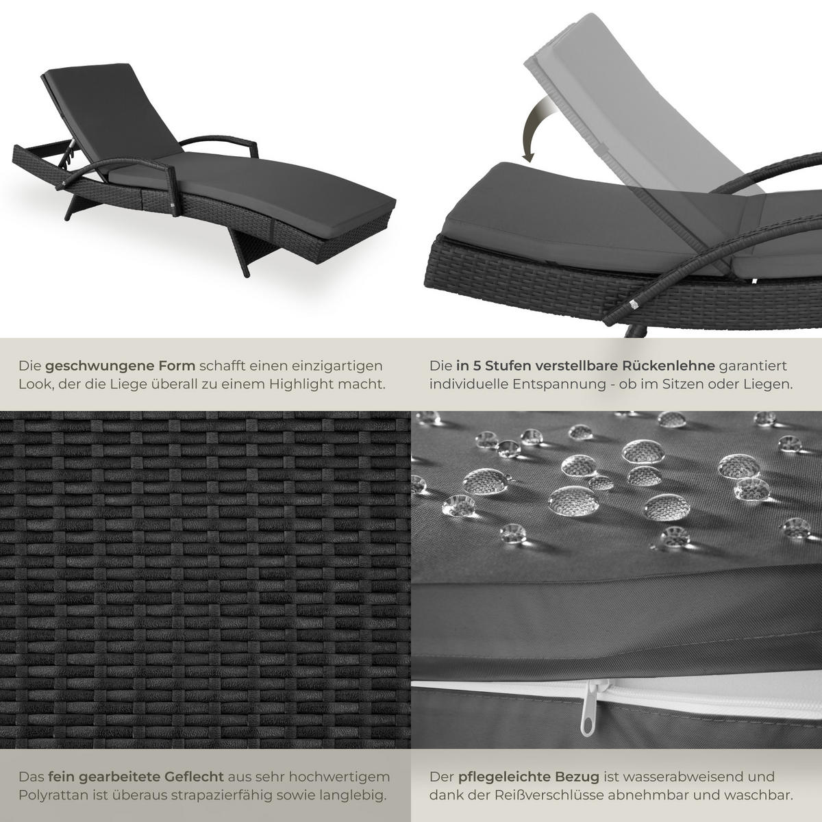 RATTAN-SONNENLIEGE Océane,190 x 71 x 34 – 74,5 cm,schwarz - Schwarz, Kunststoff (71/74.5/190cm) - tectake