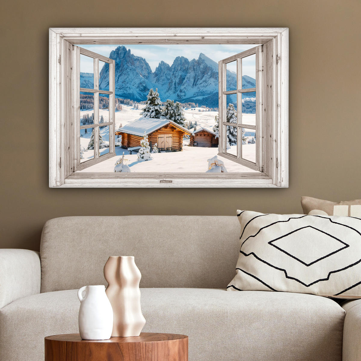 LEINWANDBILD Winterlandschaft - Hütte - Berge - Ausblicke - Aussicht - Natur Gemälde 60x40 cm - Weiß Hochglanz, Textil (60/40cm) - MuchoWow