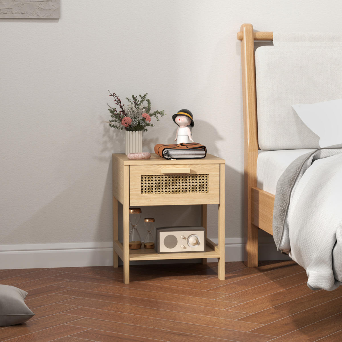NACHTTISCH 40/40/48,4 cm Natur aus Holz mit Rattan-Schublade - Hellbraun, Holz (40/48.4/40cm) - OKWISH