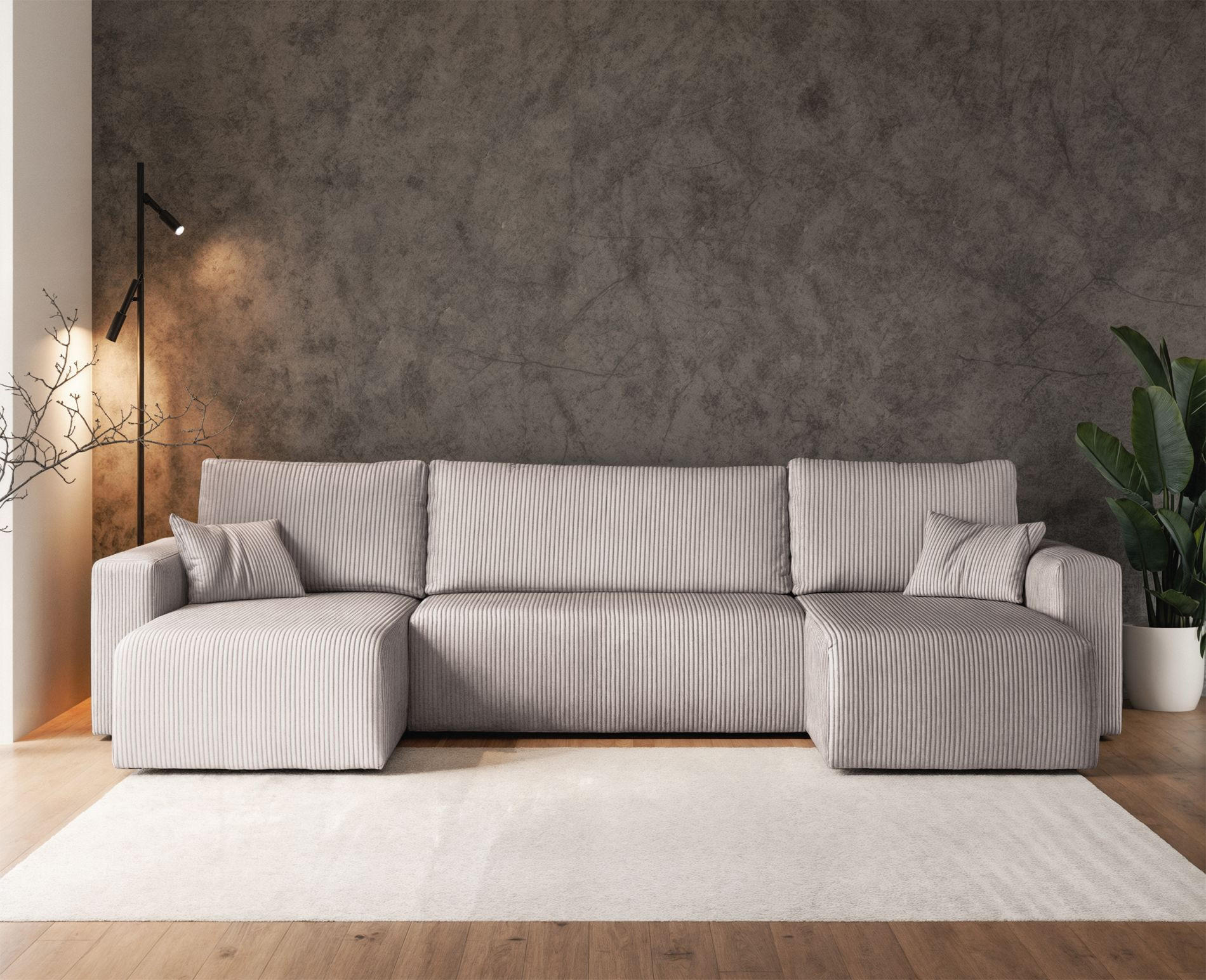 WOHNLANDSCHAFT Pianoni Hellbeige Cordbezug - Ecru/Schwarz, Kunststoff/Textil (312/83/140cm) - Selsey