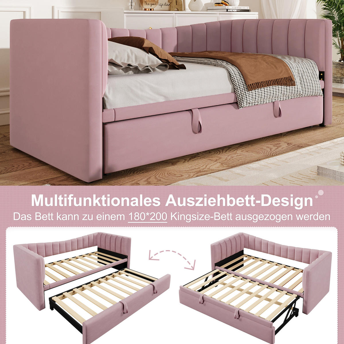 POLSTERBETT 90/200 cm Rosa aus Samt mit Ziehbett - Rosa, Textil (180/200cm) - OKMYHOME
