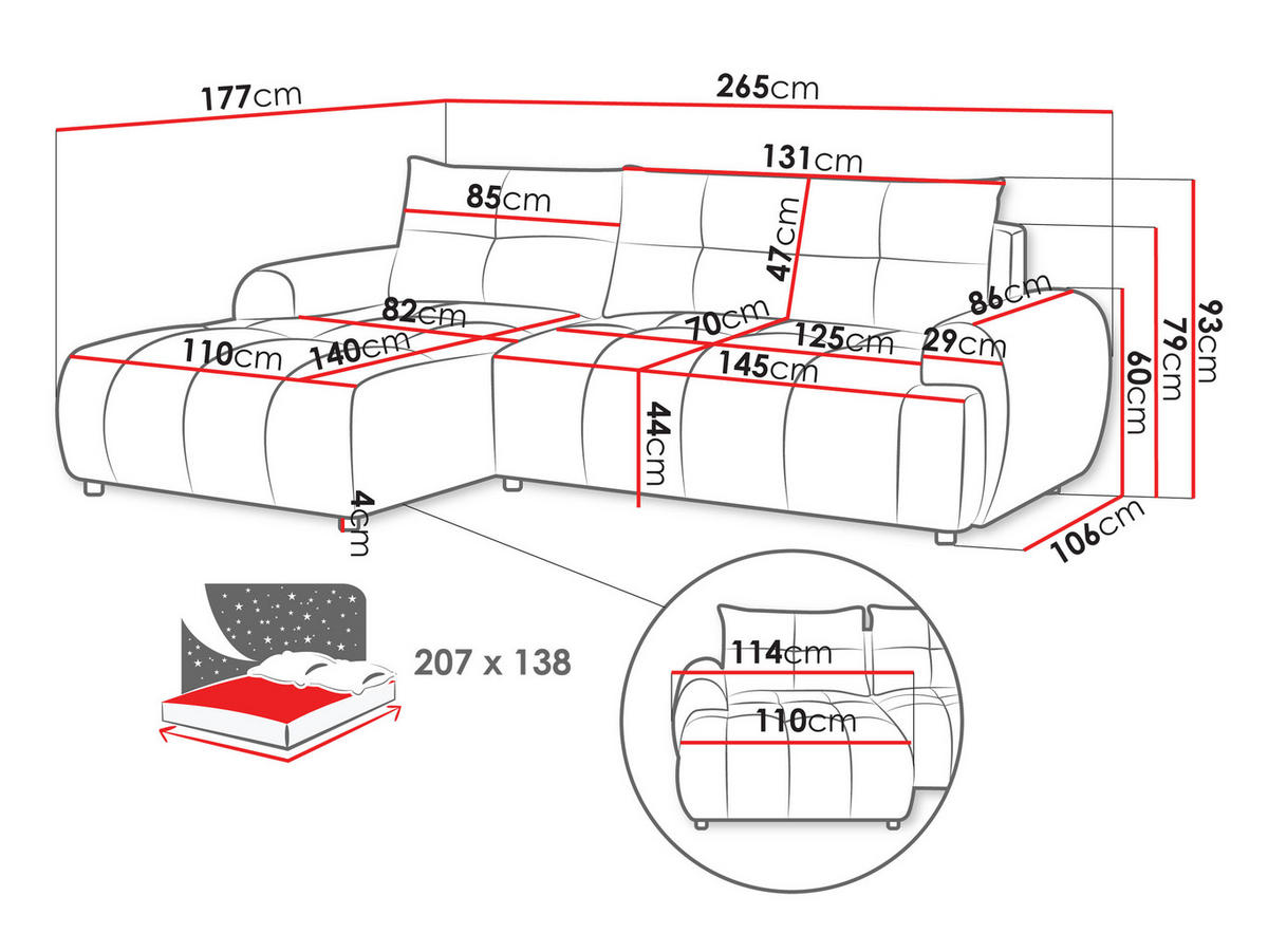 ECKSOFA Fiorano, Seite: Links - Anthrazit/Schwarz, Holz/Kunststoff (265/177cm) - MIRJAN24