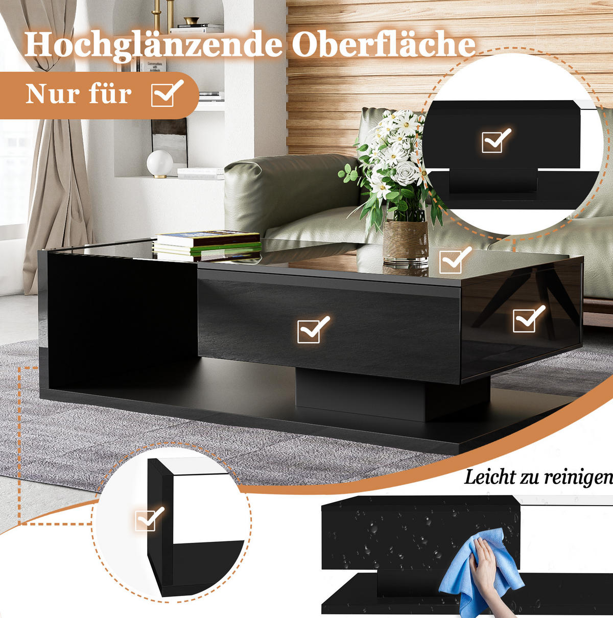 COUCHTISCH aus Spanplatte 105x55x32,5 cm Schwarz Hochglanz mit Glasplatte, LED-Beleuchtung und Ablagefach - Schwarz, Holzwerkstoff (105/55/32.5cm) - IVMEU