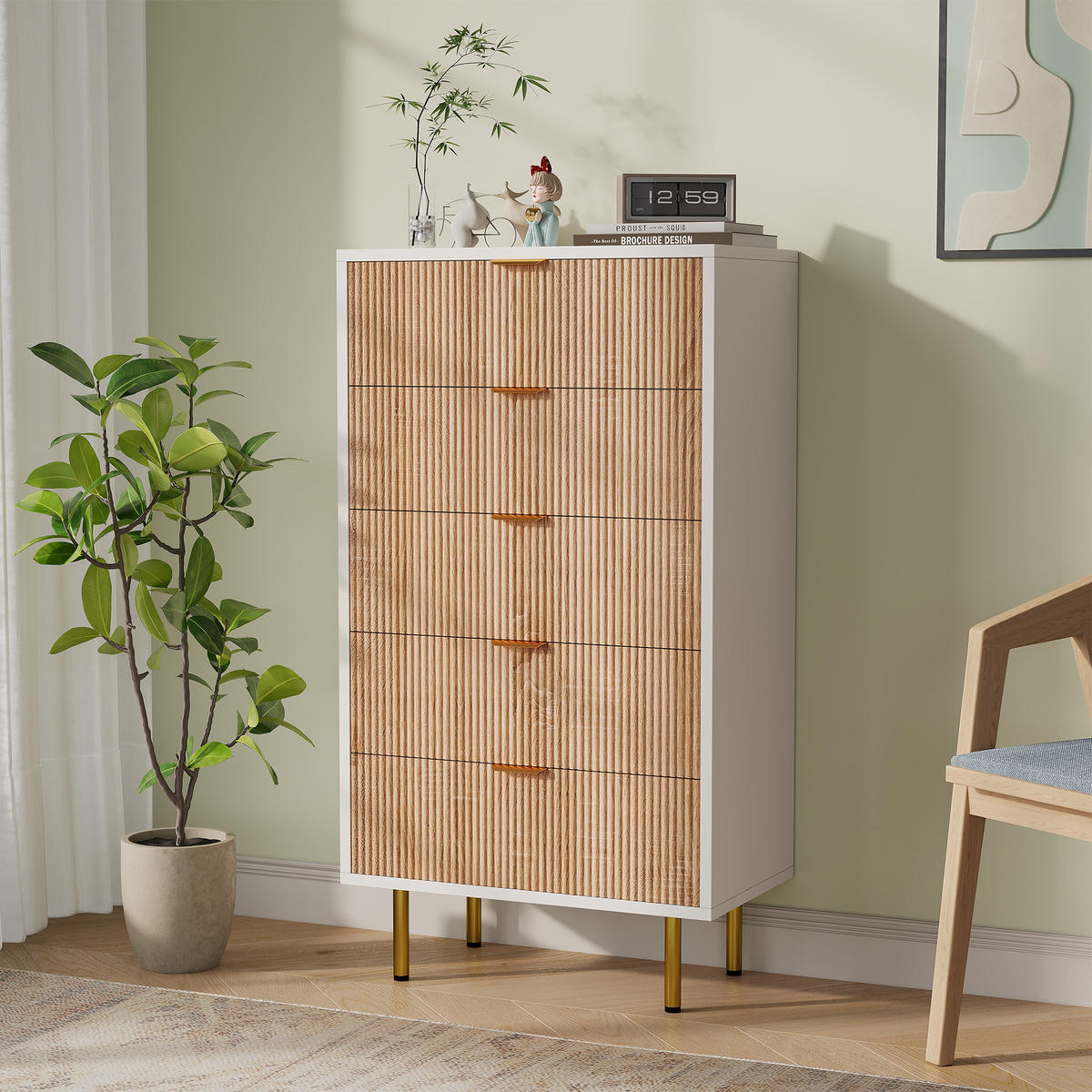 KOMMODE Holzoptik 5 Schubladen Schubladenschrank Naturfarbe - Eichefarben, Holz/Metall (30/110/60cm) - PARAFTA HOME