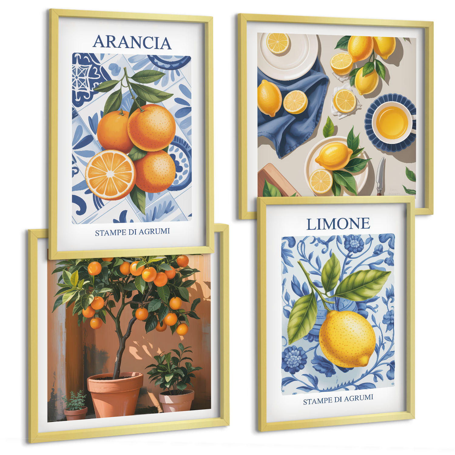 BILDER SET 4er Set - 50x50 cm & 40x60 cm Goldrahmen - Illustrationen von Zitrusfrüchten - Goldfarben, Kunststoff (50/50cm) - TULUP