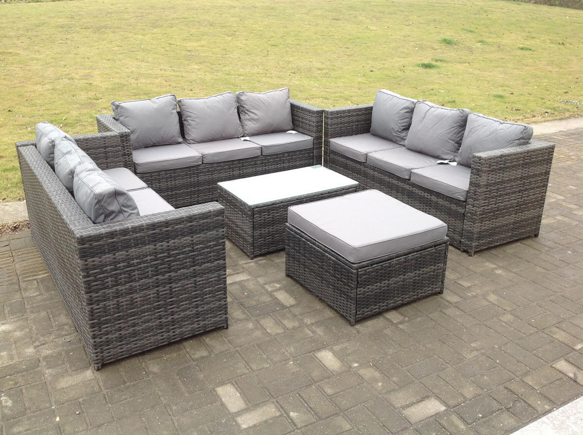 GARTENSET Polyrattan 10-Sitzer - Dunkelgrau/Grau, Glas/Kunststoff - Fimous