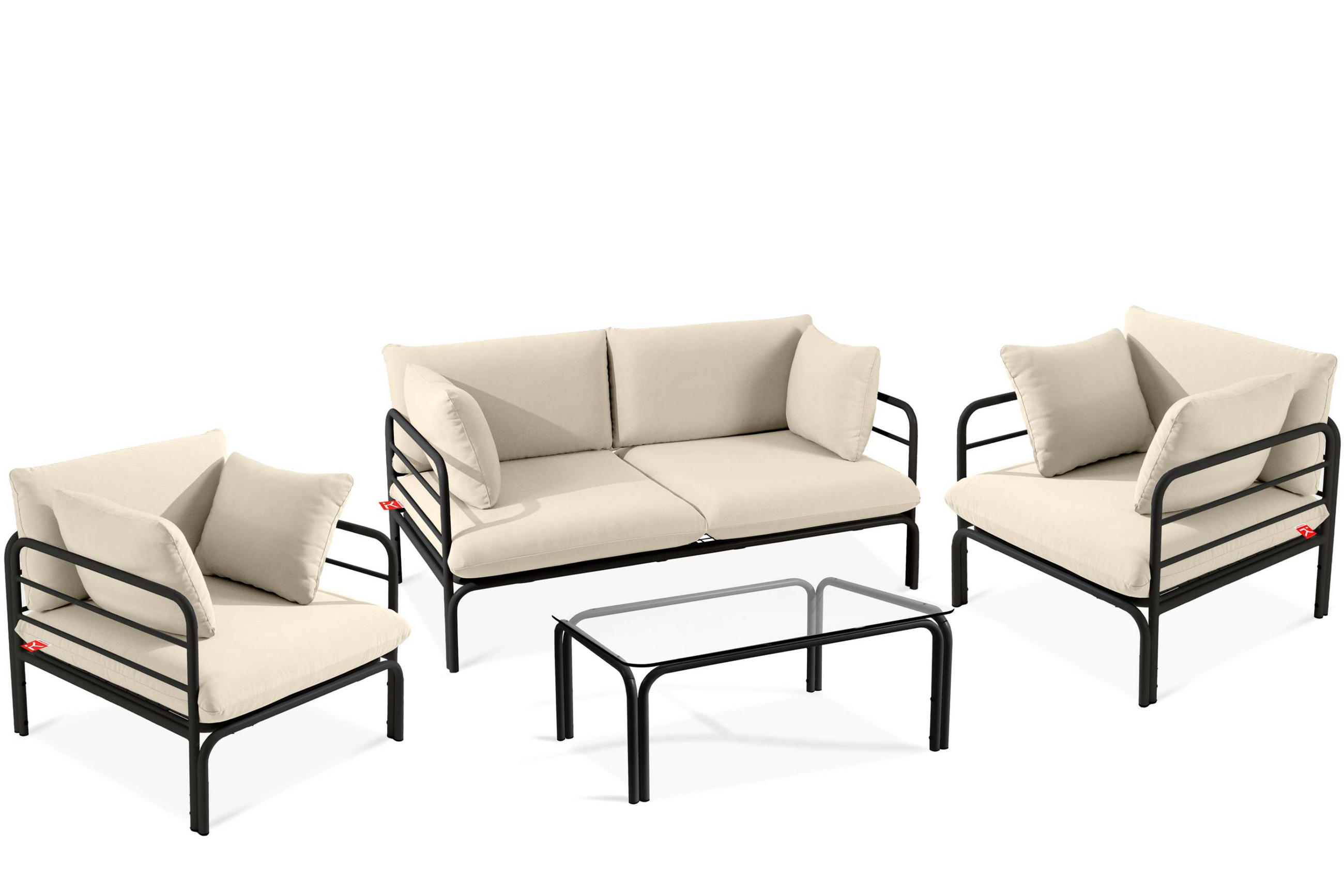 GARTENMÖBELSET RAMBE 4-tlg. 1x Tisch 2x Sessel 1x Sofa 2-Sitzer, mit Kissen, LOFT-STIL, Anthrazit/Cremeweiß - Dunkelgrau/Creme, Textil/Metall - KONSIMO®