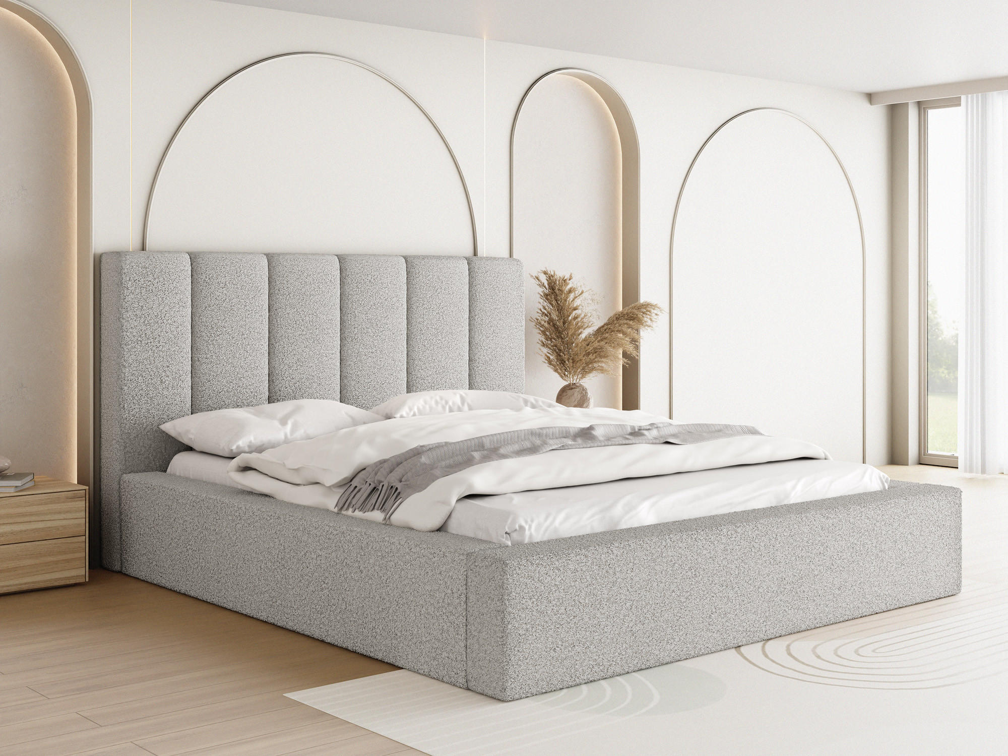 POLSTERBETT Amira mit Bettkasten, Grau Boucle 140x200 cm - Birkefarben/Hellgrau, Holz/Holzwerkstoff (140/200cm) - WFL GROUP