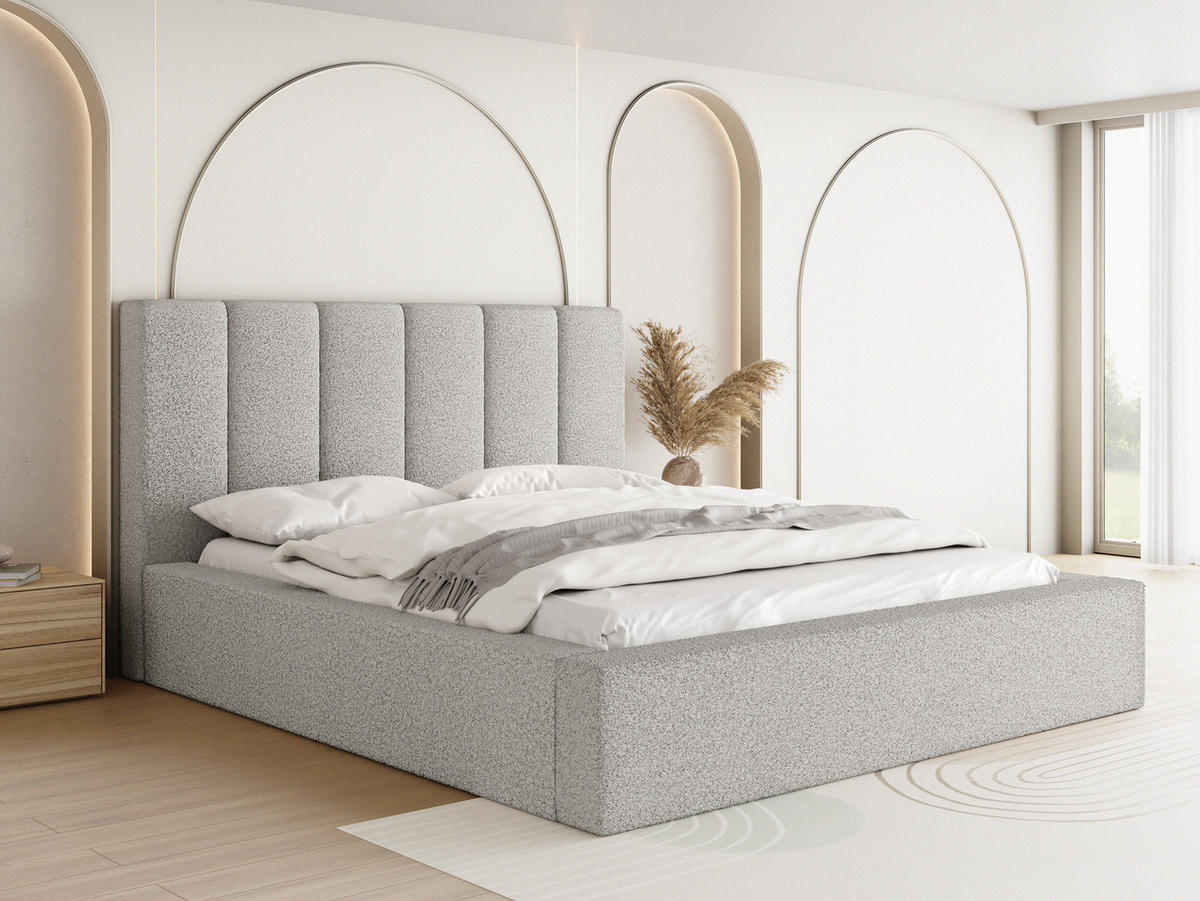 POLSTERBETT Amira mit Bettkasten, Grau Boucle 140x200 cm - Birkefarben/Hellgrau, Holz/Holzwerkstoff (140/200cm) - WFL GROUP