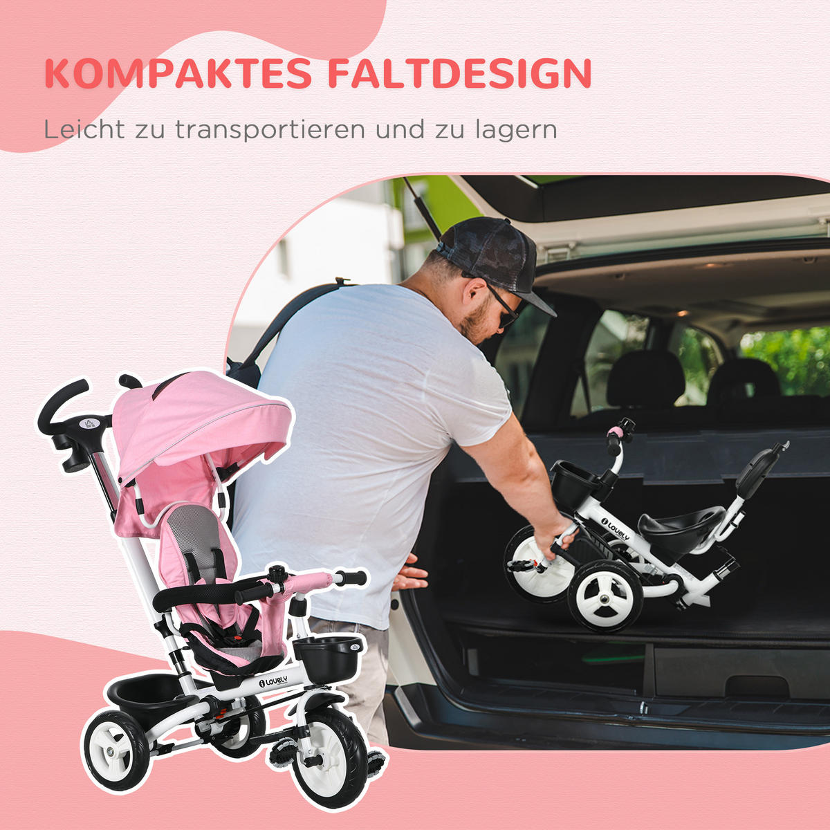 6 in 1 Dreirad mit Schubstange, Kinderdreirad mit Sicherheitsgurt, Sonnendach - Rosa, Metall (112/50/104cm) - HOMCOM