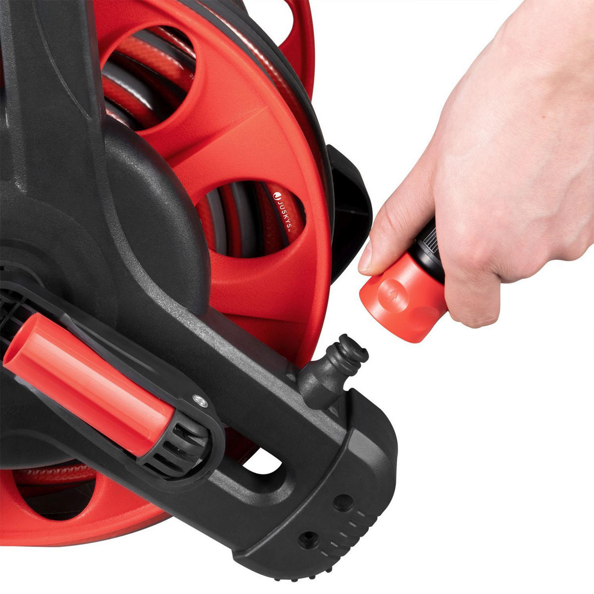 SCHLAUCHTROMMEL Basic rot / schwarz Wasserschlauch & Multifunktionshandbrause - Rot, Kunststoff (3000cm) - Juskys