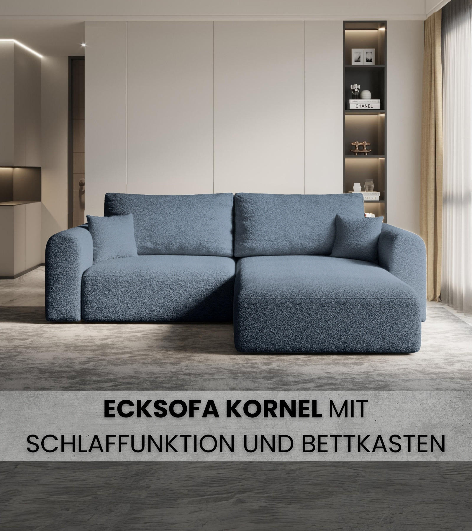 ECKSOFA Kornel mit Schlaffunktion Blau Boucle - Blau, Textil (248/165cm) - Bromarkt