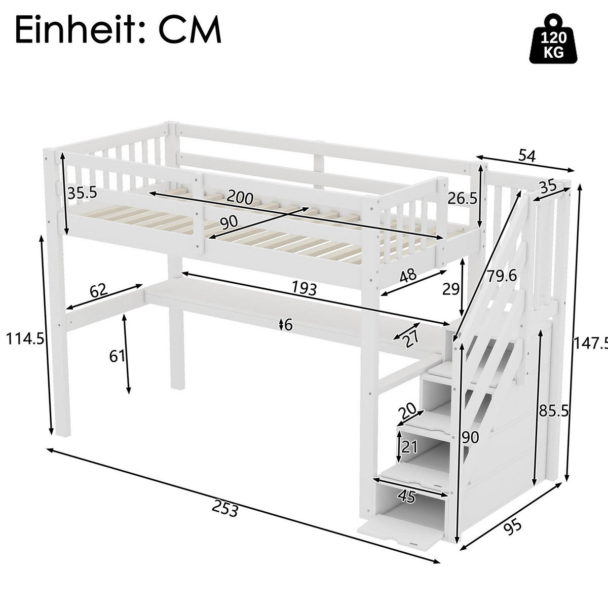 HOCHBETT 90/200 cm aus Kiefer und MDF mit Stauraumtreppe und Schreibtisch Weiß - Weiß, Holz (90/200cm) - Modenvie