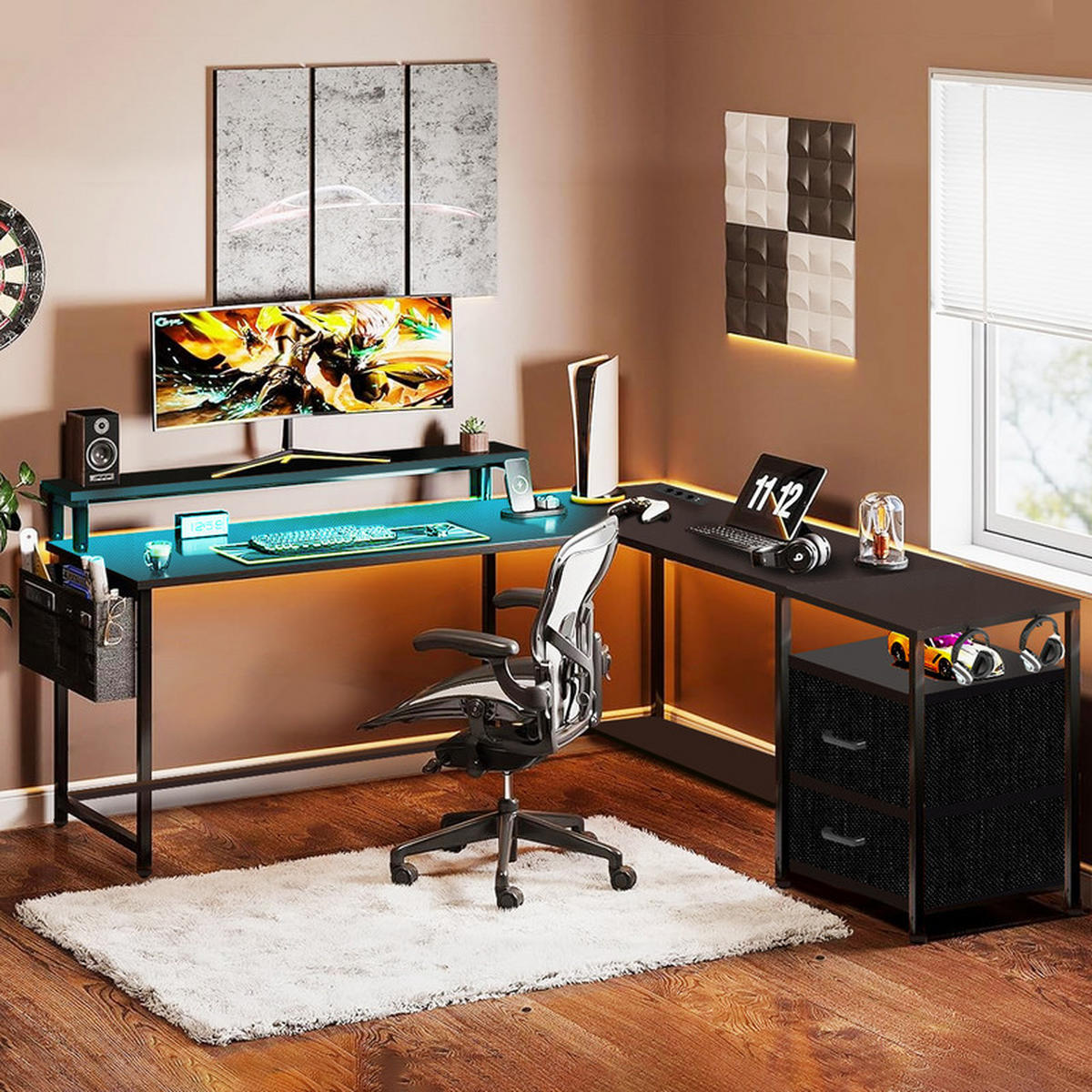 GAMINGTISCH L-förmig,120 x 120 x 75 cm,Eckschreibtisch mit Ablagefach,mit Monitorständer,2 USB mit 3 Buchsen,Schwarz - Schwarz, Metall (120/40/75cm)