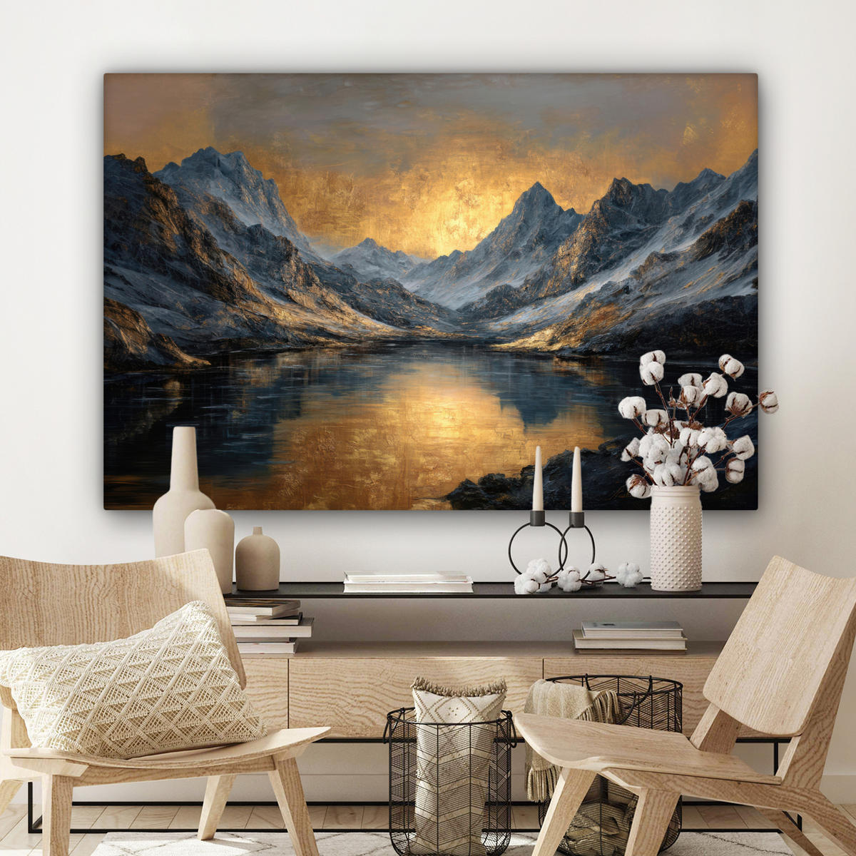 LEINWANDBILD Bergkulisse mit goldenem Sonnenuntergang Groß 140x90 cm - Goldfarben, Textil (140/90cm) - MuchoWow