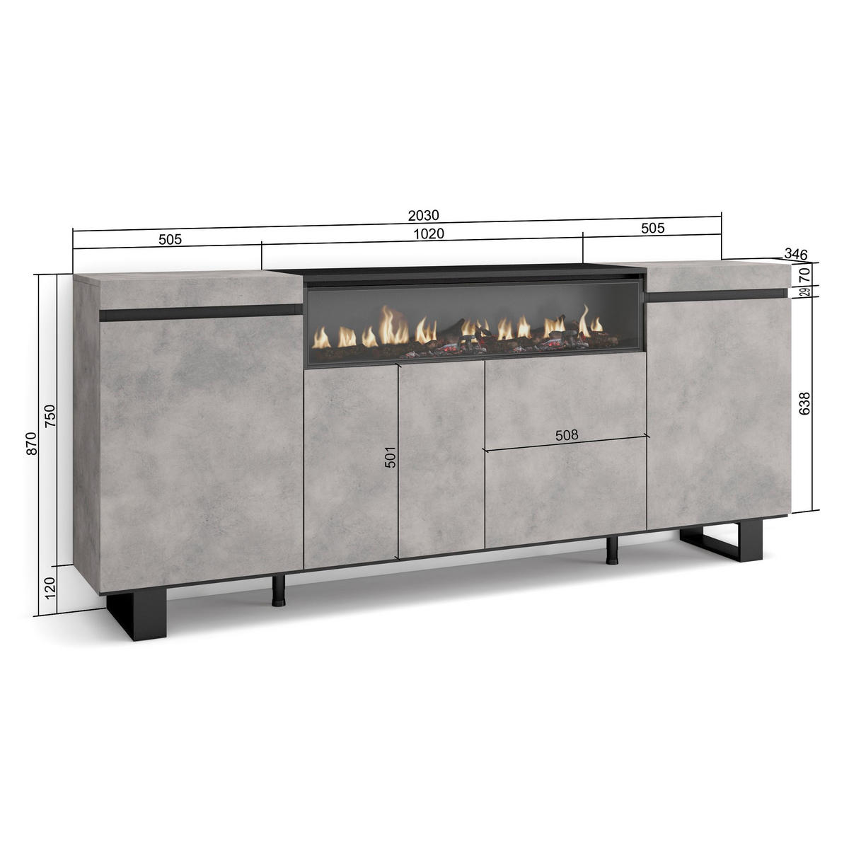 SIDEBOARD Elektrokamin, zementgrau, 200/35/87cm - Grau, Holzwerkstoff (200/87/35cm) - Skraut Home