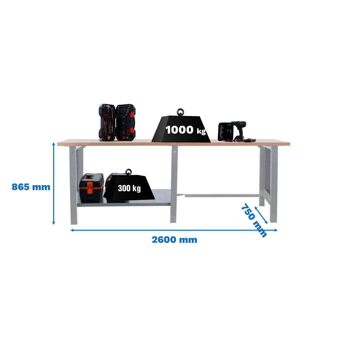 WERKBANK Buffalo Wood HxBxT 86,5 x 260 x 75 cm Traglast 1000 kg Grau - Grau, Metall (260/86.5/75cm) - PROREGAL