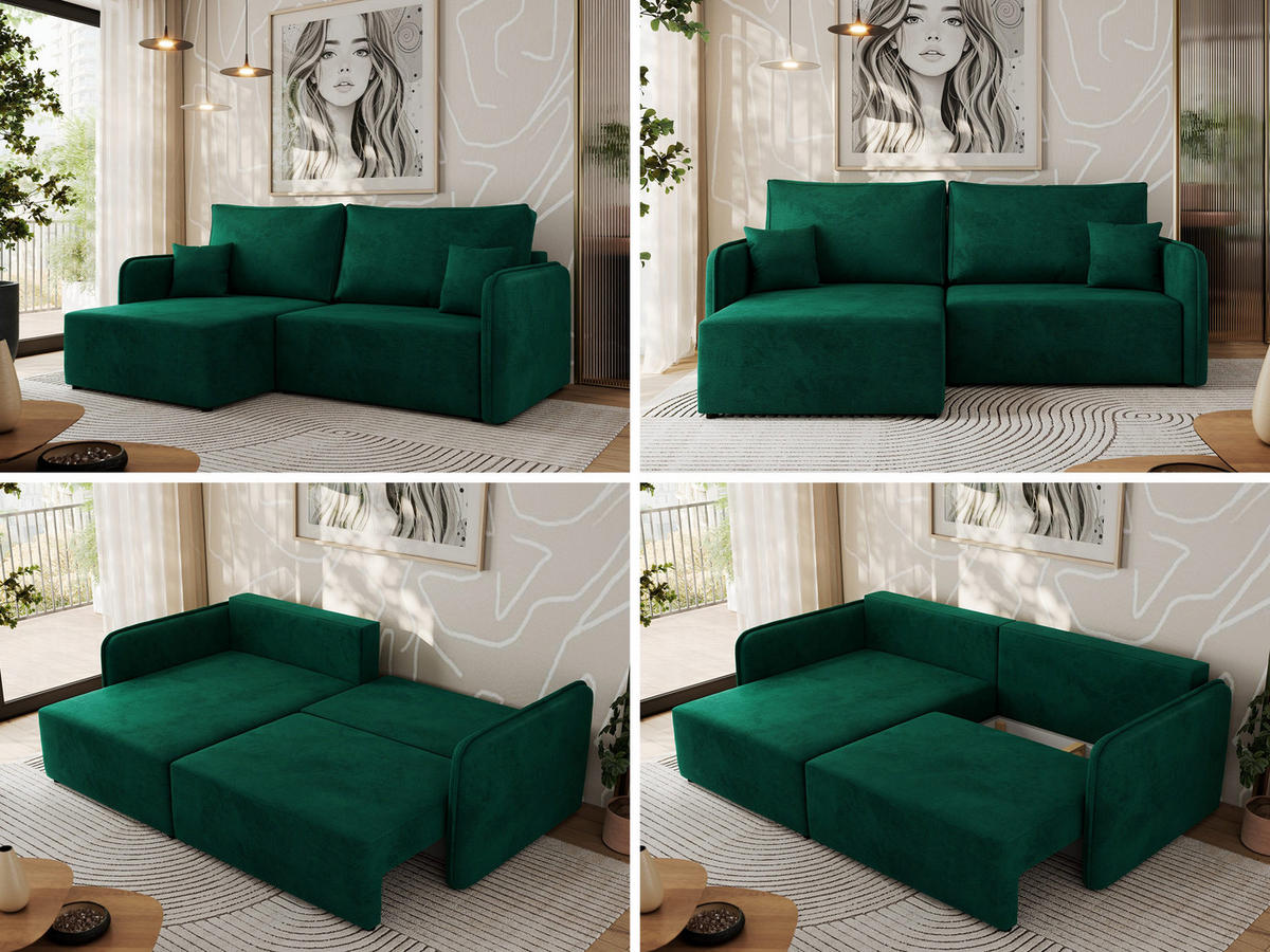 ECKSCHLAFSOFA MESTO L Dunkelgrün Velvet - links - Dunkelgrün/Schwarz, Kunststoff/Textil (227/147cm) - MKS