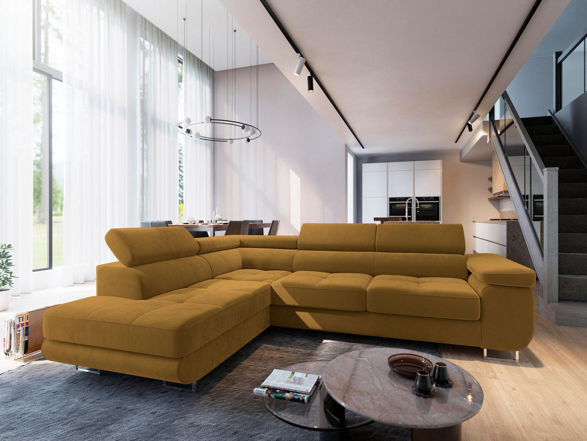 ECKSOFA SELVA L-S Gelb Velours-Stoff mit Schlaffunktion - Gelb, Holz (275/202cm) - MASSENO