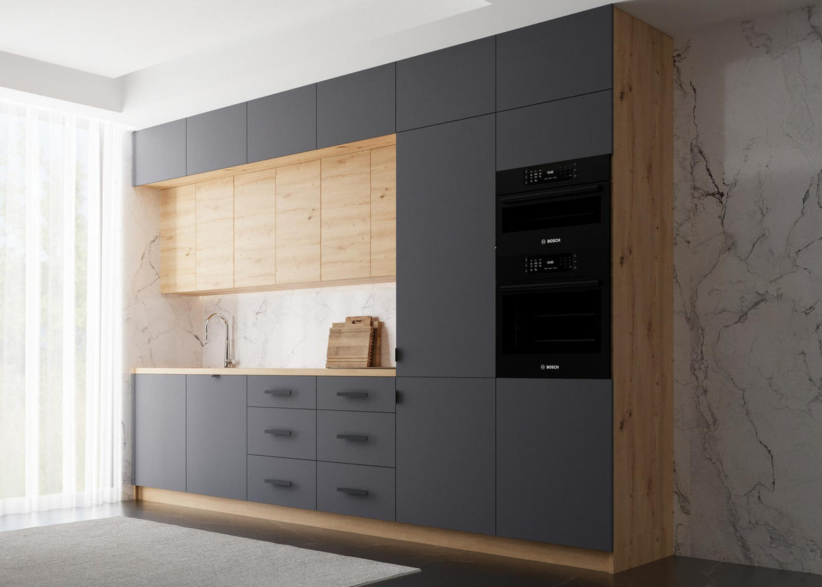 KÜCHENZEILE 360 cm - Nexa K50-G360 - in Grau & Woodline / Matt - Schwarz/Eiche Artisan, Holz/Metall (360/212/582cm) - ROYAL24_MARKT