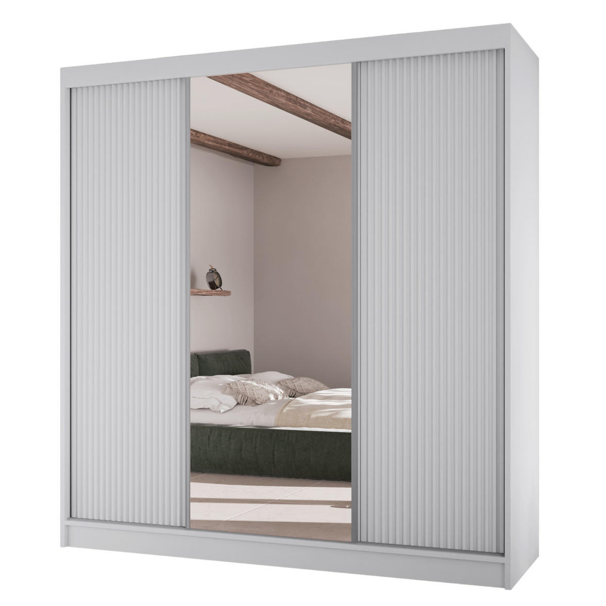 SCHWEBETÜRENSCHRANK Rafi mit Spiegel und mit geriffelten Fronten, 200 cm, Weiß - Weiß, Holzwerkstoff (200/215/61cm) - AN-Moebel 4u