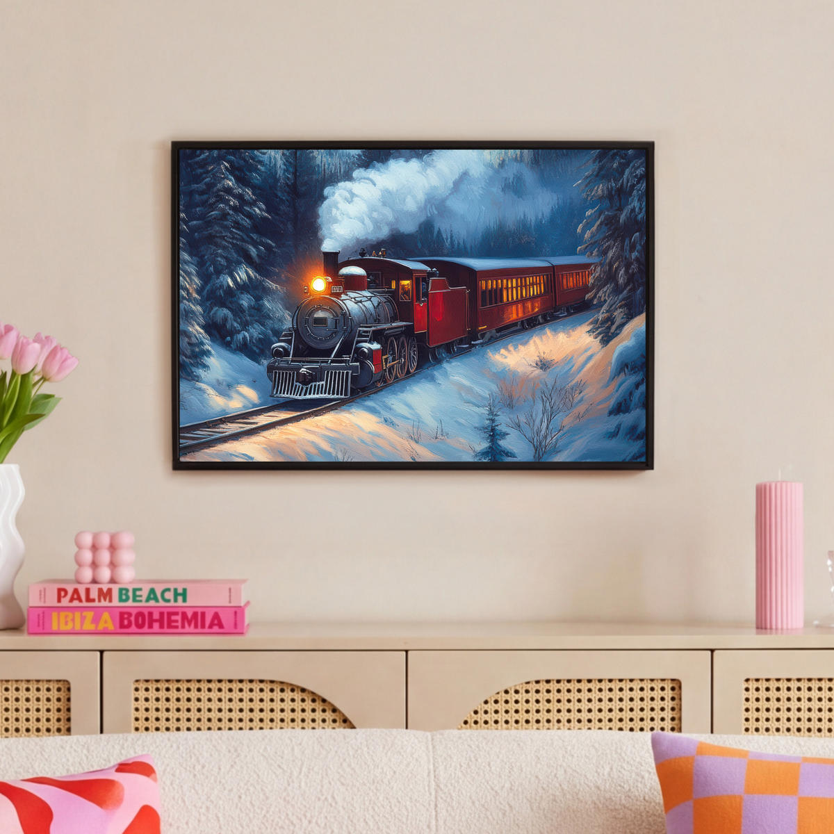 LEINWAND Bilder mit Rahmen - Zug - Weihnachten - Schnee - Weihnachtszug - 60x40 - Anthrazit, Textil (60/40cm) - MuchoWow