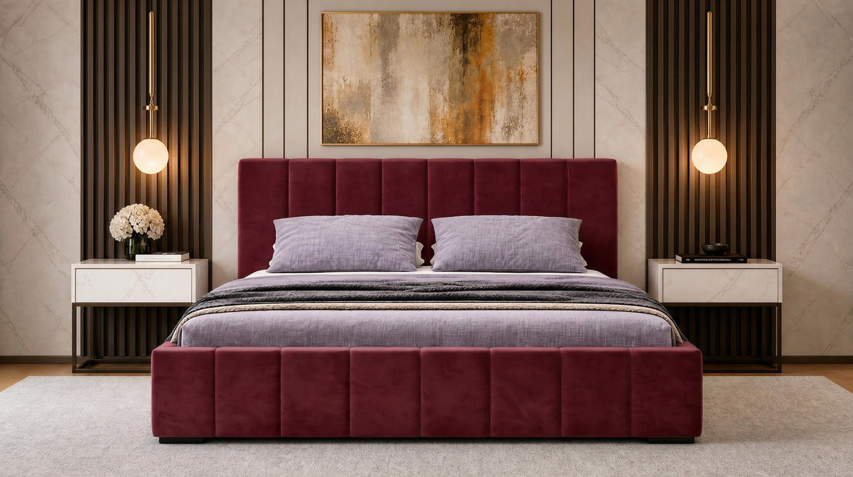 MARPUR Polsterbett NERO 180x200 cm mit Bettkasten und Lattenrost, Bordeaux - Chromfarben/Bordeaux, Holz/Holzwerkstoff (180/200cm) - Marpur