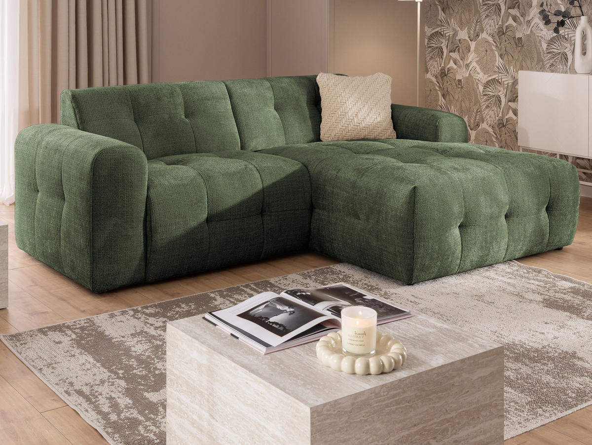 ECKSOFA Kozy im Bumpy-Design mit fester Rückenlehne aus weichem Grün Chenille-Stoff - Ottomane rechts - Schwarz/Grün, Holz/Kunststoff (234/161cm) - S-Style Möbel