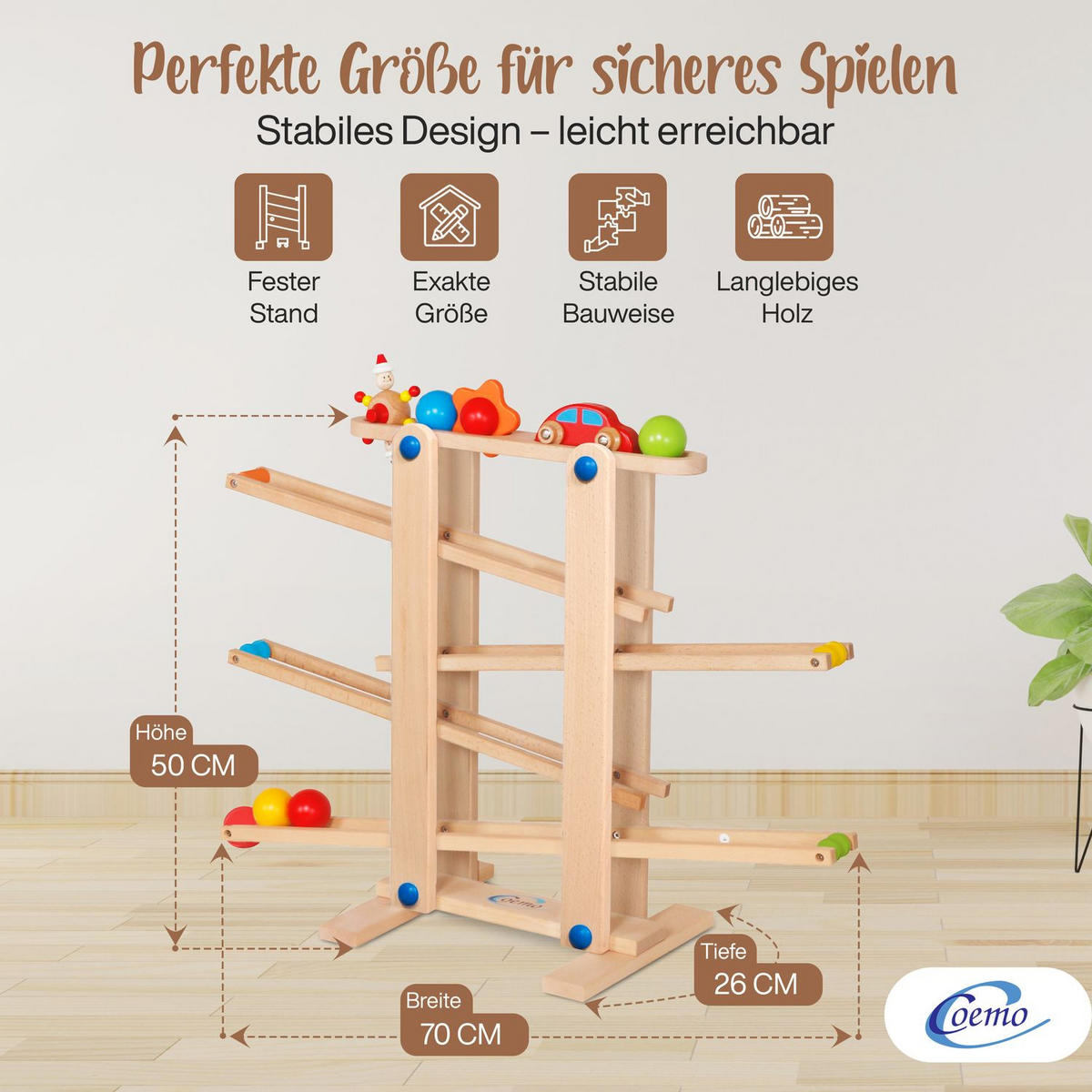 KUGELBAHN L Holz Natur mit 7 Roll Elementen - Naturfarben, Holz (26/70cm) - Coemo