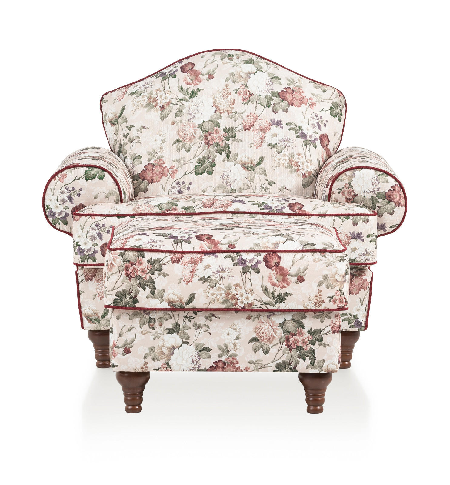 SESSEL SET 2-teilig creme Landhaus, Blumen Design 110 cm, Kombination mit Hocker - Rot/Multicolor, Holz/Textil (110/96/155cm) - Furn.Design