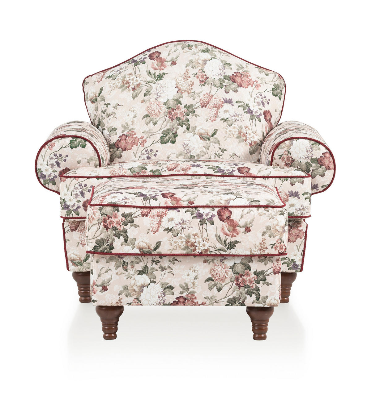 SESSEL SET 2-teilig creme Landhaus, Blumen Design 110 cm, Kombination mit Hocker - Rot/Multicolor, Holz/Textil (110/96/155cm) - Furn.Design