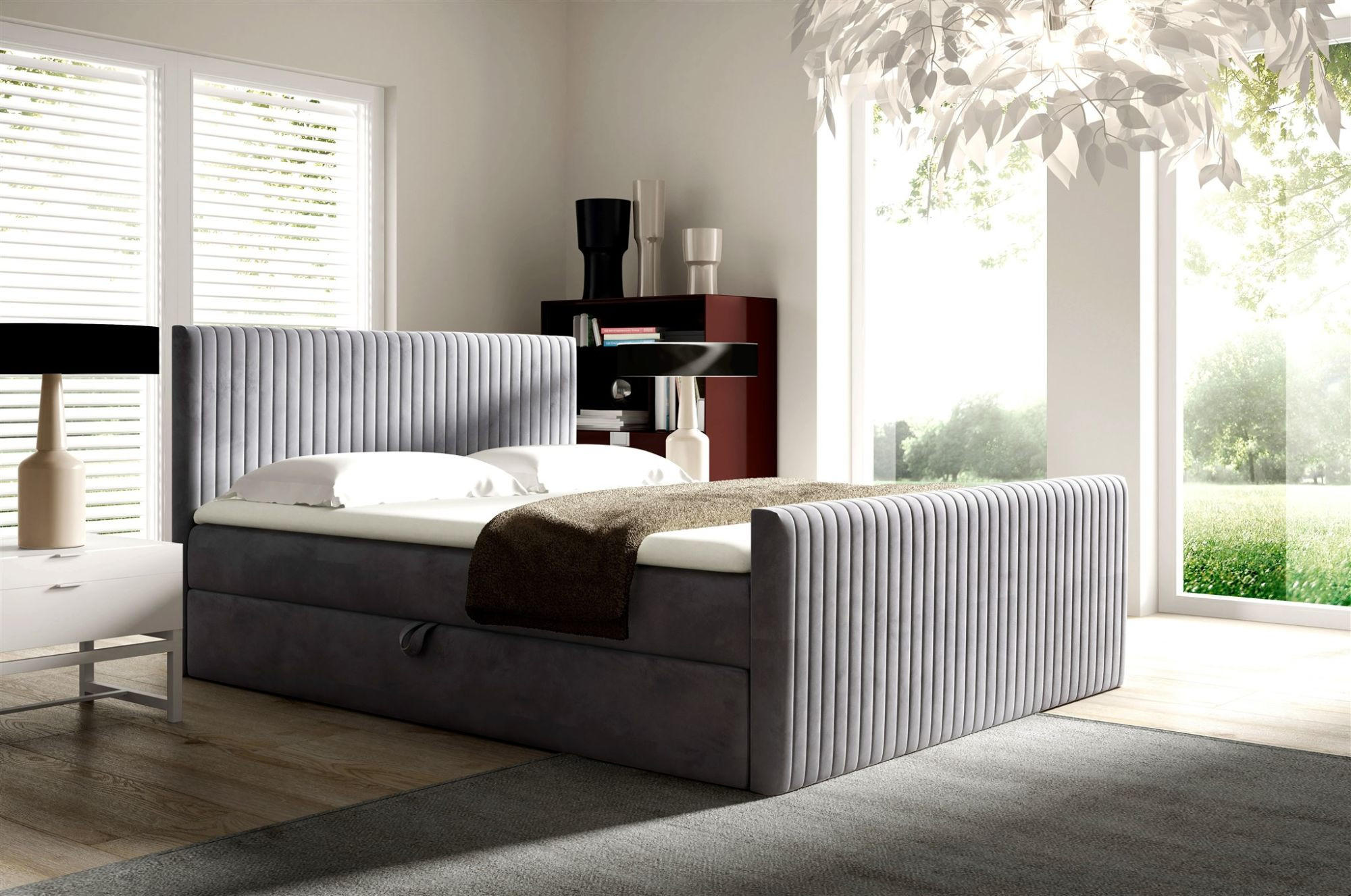 BOXBETT Adrien In Stoff überlänge - Hellgrau, Holzwerkstoff/Textil (200/220cm) - Fun Möbel